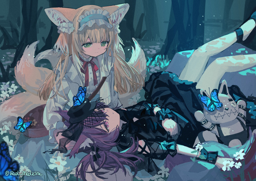 2girls, animal_ears, arknights, bare_legs, black_bow, black_dress, black_footwear, black_headwear
