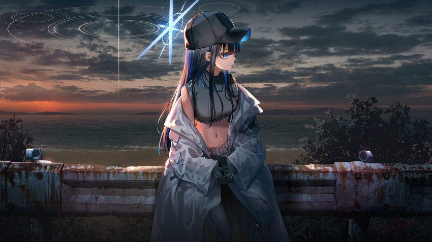 1girl, armband, bare_shoulders, baseball_cap, beach, belt, black_belt, black_gloves