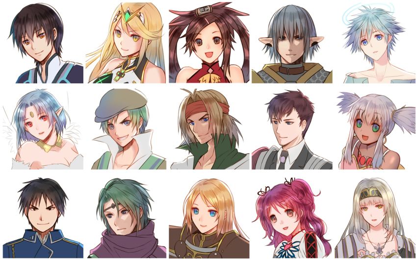 bare_shoulders, blue_hair, breasts, brown_eyes, newsboy_cap, character_request, cheria_barnes, cleavage