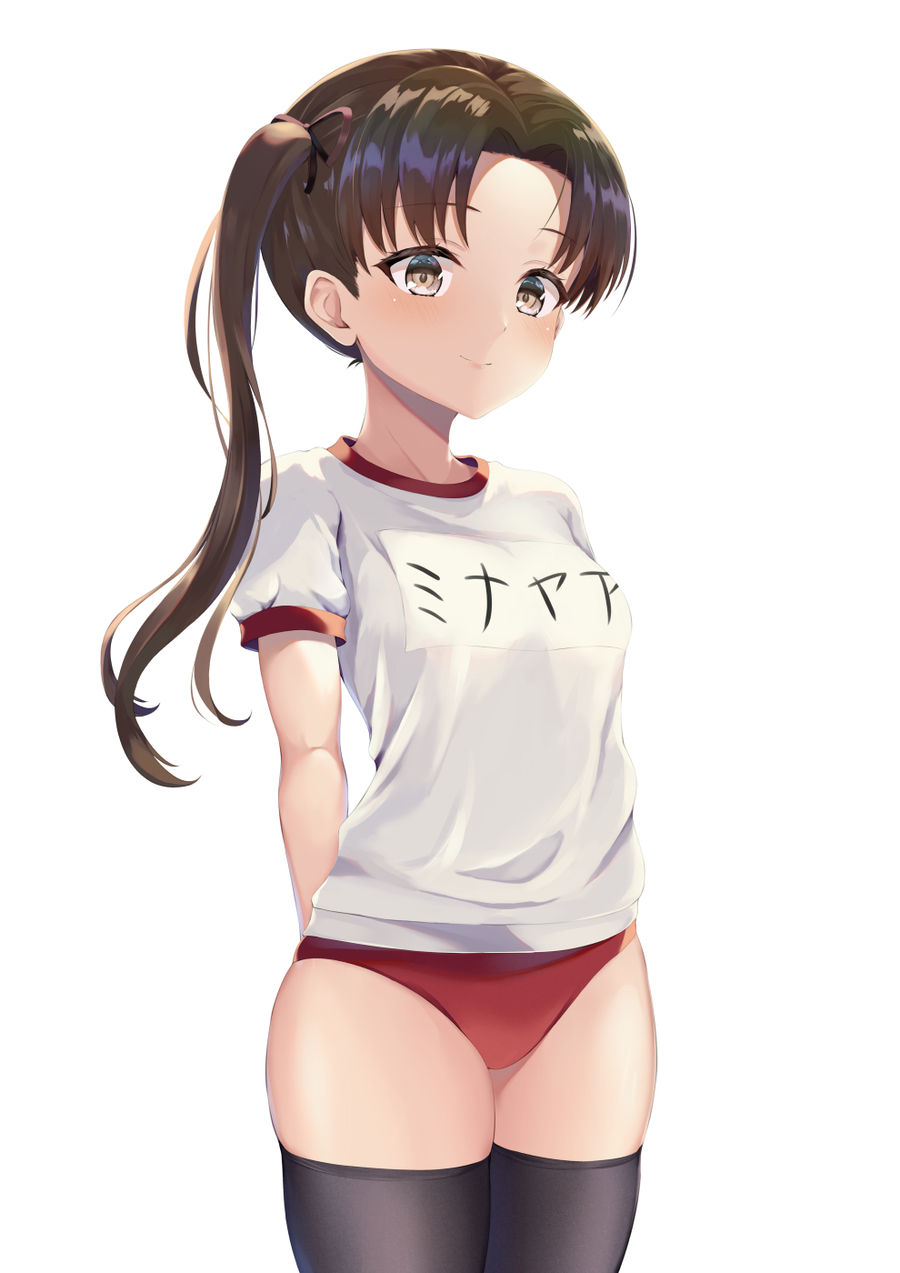1girl, alternate_costume, arms_behind_back, ayanami_(kancolle), black_thighhighs, brown_hair, buruma, forehead