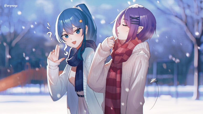 2girls, ?, absurdres, arifuseyo, belt, black_belt, blue_eyes, blue_hair