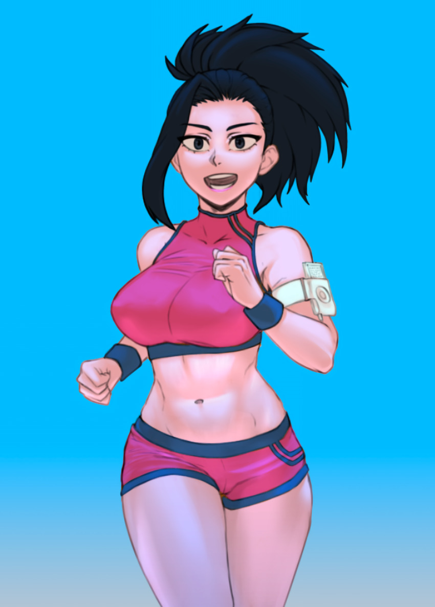 1girl, black_eyes, black_hair, blue_background, boku_no_hero_academia, covered_erect_nipples, cowboy_shot, eyebrows