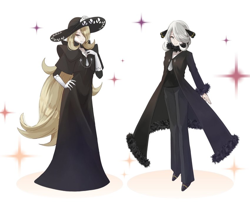 2girls, black_coat, black_dress, black_footwear, black_headwear, black_pants, black_shirt, blonde_hair, closed_mouth, coat, cogita_(pokemon), cogita_(pokemon)_(cosplay), commentary_request, cosplay, costume_switch, cynthia_(pokemon), cynthia_(pokemon)_(cosplay), dress, flower, fur-trimmed_coat, fur_collar, fur_trim, gloves, grey_eyes, grey_hair, hair_ornament, hair_over_one_eye, hand_on_own_hip, hat, hat_flower, highres, long_hair, long_sleeves, multiple_girls, nintendo, pants, pokemon, pokemon_diamond/pearl/platinum, pokemon_legends:_arceus, shirt, shoes, smile, sparkle, ssn_(sasa8u9r), v-neck, very_long_hair, wavy_hair, white_gloves