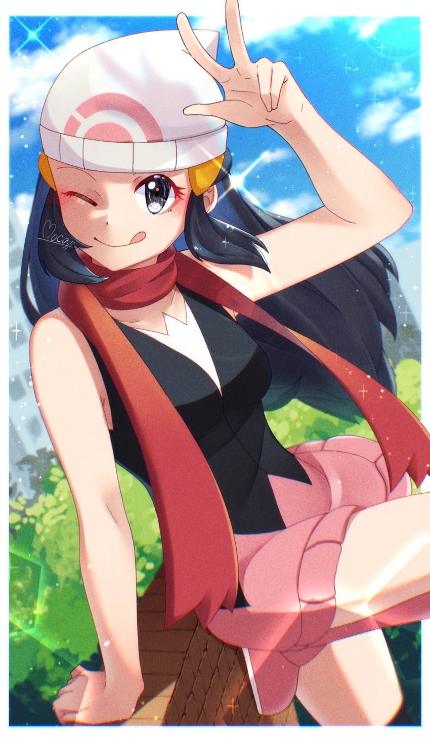 1girl, :q, arm_support, arm_up, beanie, black_hair, black_shirt, border
