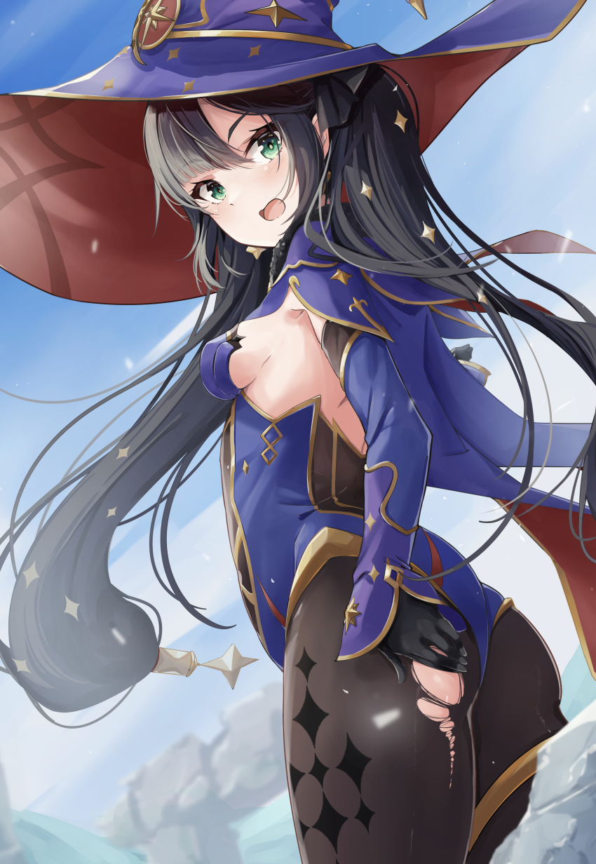 1girl, absurdres, ass, asymmetrical_bangs, black_gloves, black_hair, black_pantyhose, black_ribbon