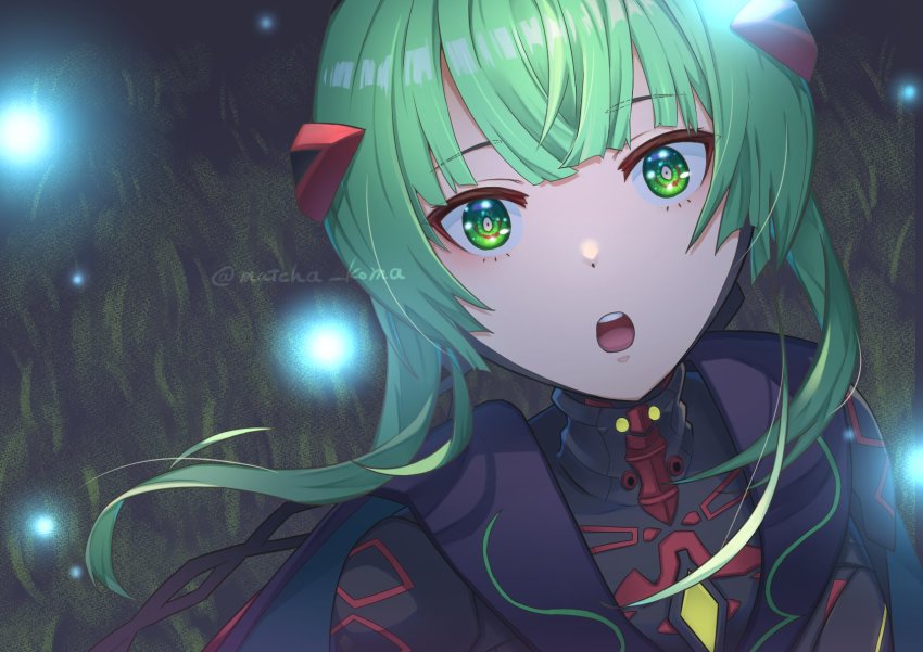 1girl, chest_jewel, fireflies, glowing, grass, green_eyes, green_hair, highres