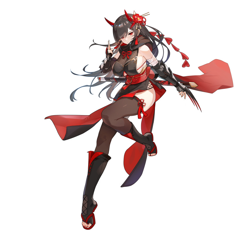 1girl, absurdres, bandaged_arm, bandages, black_thighhighs, breasts, brown_hair, capelet, cleavage, covered_navel, expressionless, flower, full_body, guardian_tales, hair_flower, hair_ornament, highres, horns, kunoichi_sumire, large_breasts, long_hair, looking_at_viewer, mole, mole_under_eye, ninja, official_art, red_eyes, revealing_clothes, sandals, solo, thighhighs, thighs, transparent_background, weapon, zouri