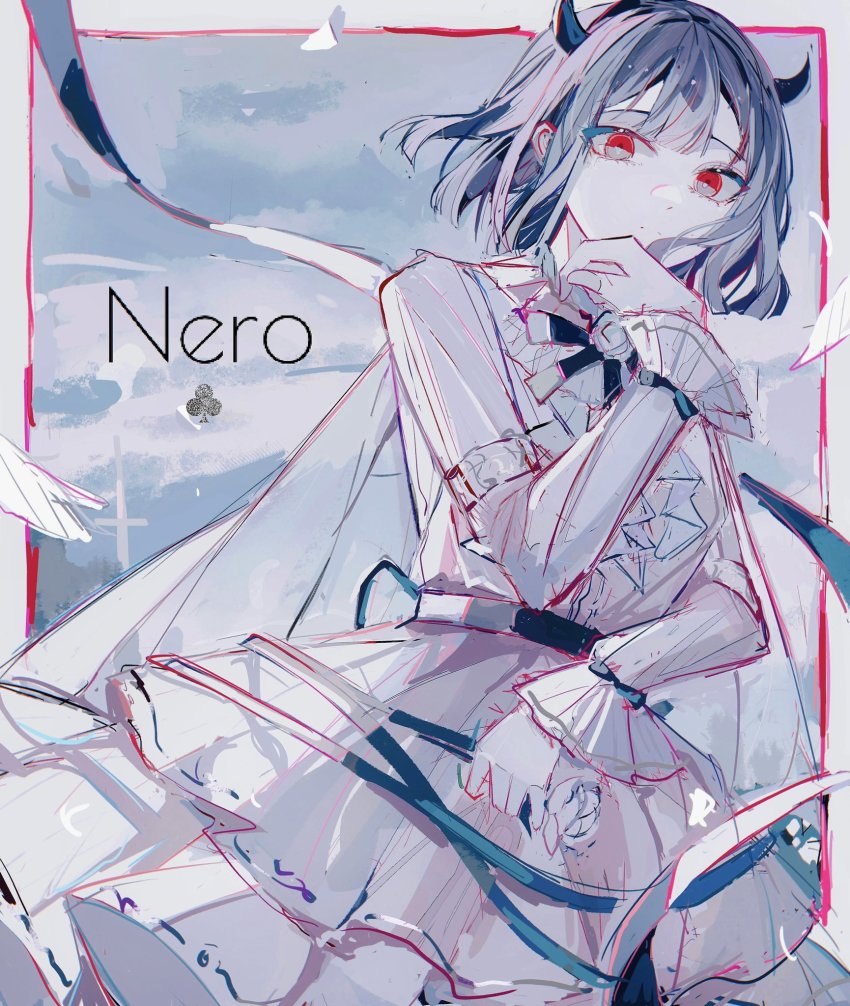 1girl, black_clover, blue_hair, clover, demon_horns, dress, frilled_dress, frills, highres, horns, purple_dress, red_eyes, secre_swallowtail, yiyu28636899