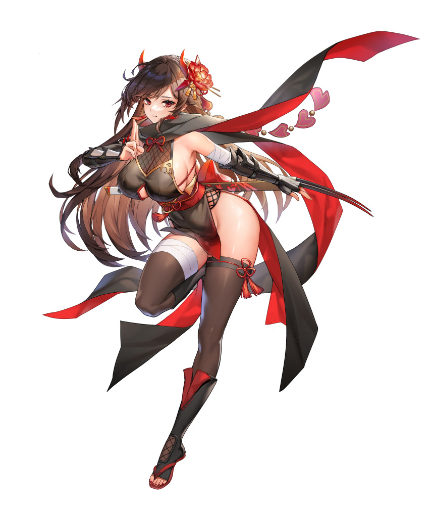 1girl, absurdres, bandaged_arm, bandages, black_thighhighs, breasts, brown_hair, capelet, cleavage, covered_navel, expressionless, flower, full_body, guardian_tales, hair_flower, hair_ornament, highres, horns, kunoichi_sumire, large_breasts, long_hair, looking_at_viewer, mole, mole_under_eye, ninja, official_art, red_eyes, revealing_clothes, sandals, solo, thighhighs, thighs, transparent_background, weapon, zouri