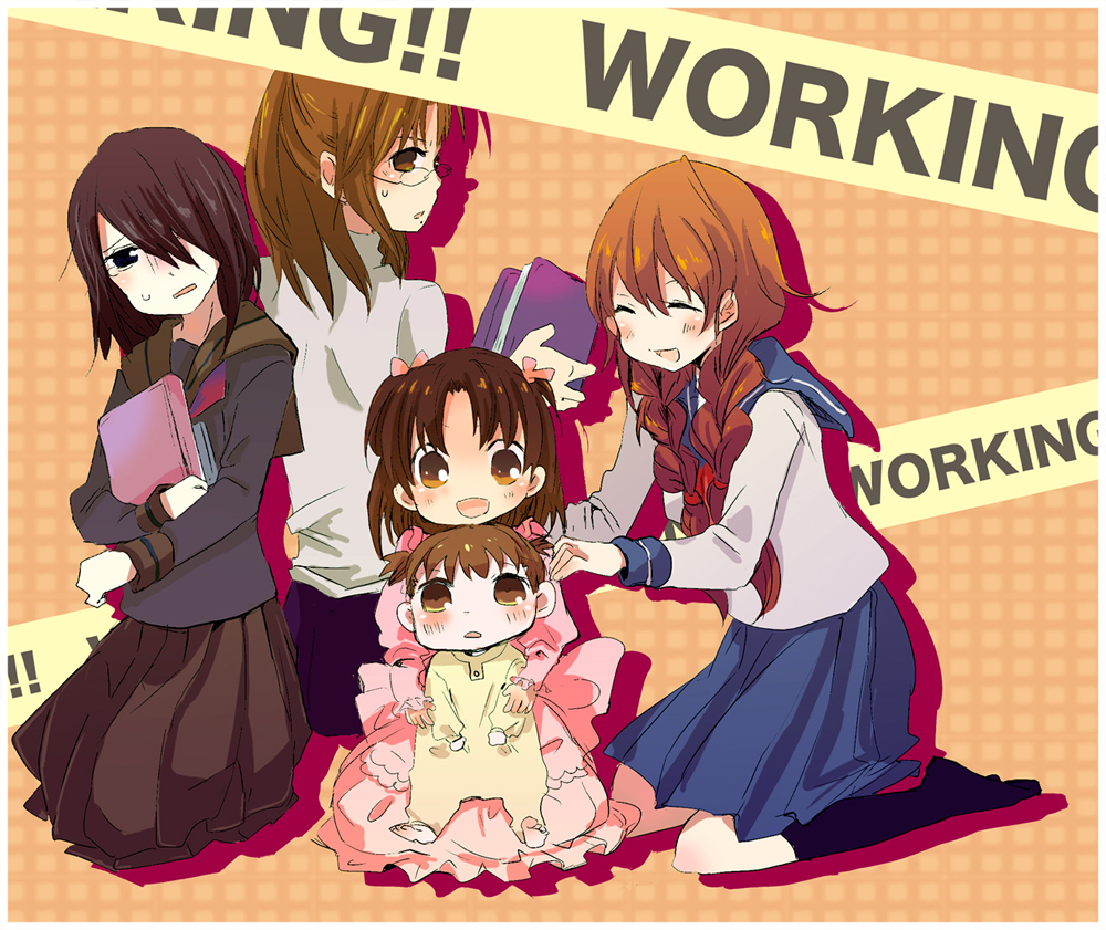 1boy, 4girls, :d, book, braid, brother_and_sister, crossdressing, closed_eyes