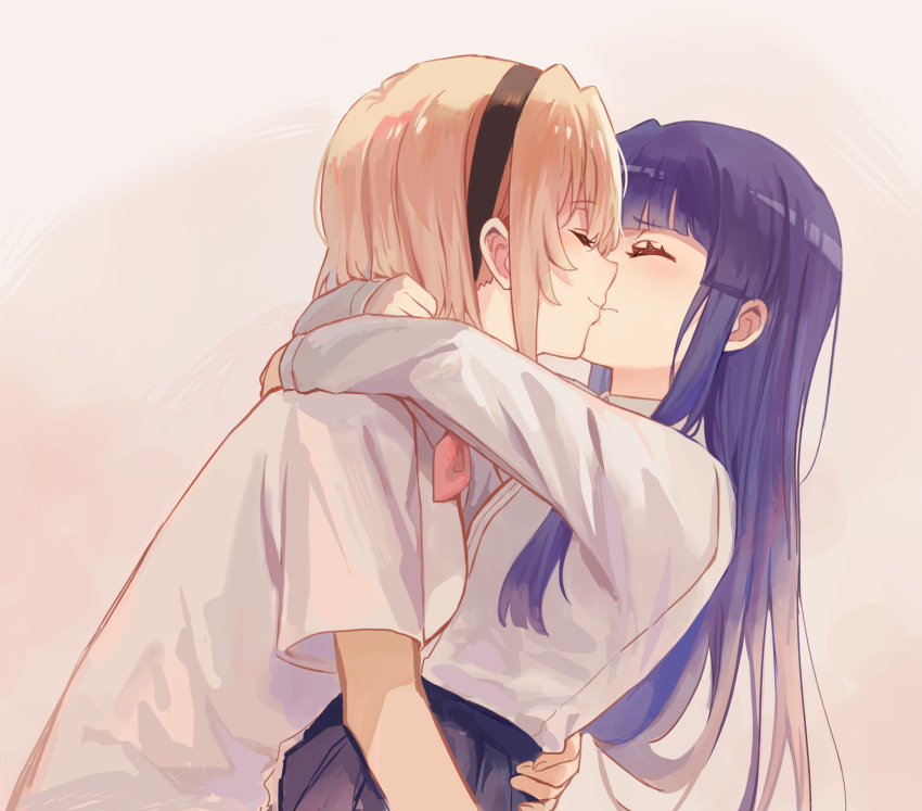 black_hairband, blonde_hair, blue_hair, blush, closed_eyes, closed_mouth, dress_shirt, from_side