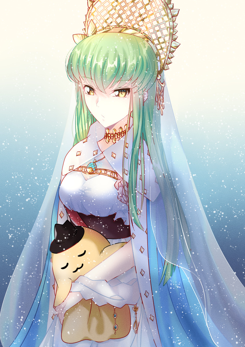 1girl, absurdres, anastasia_(fate), anastasia_(fate)_(cosplay), blue_background, blue_capelet, breasts, budgiepon