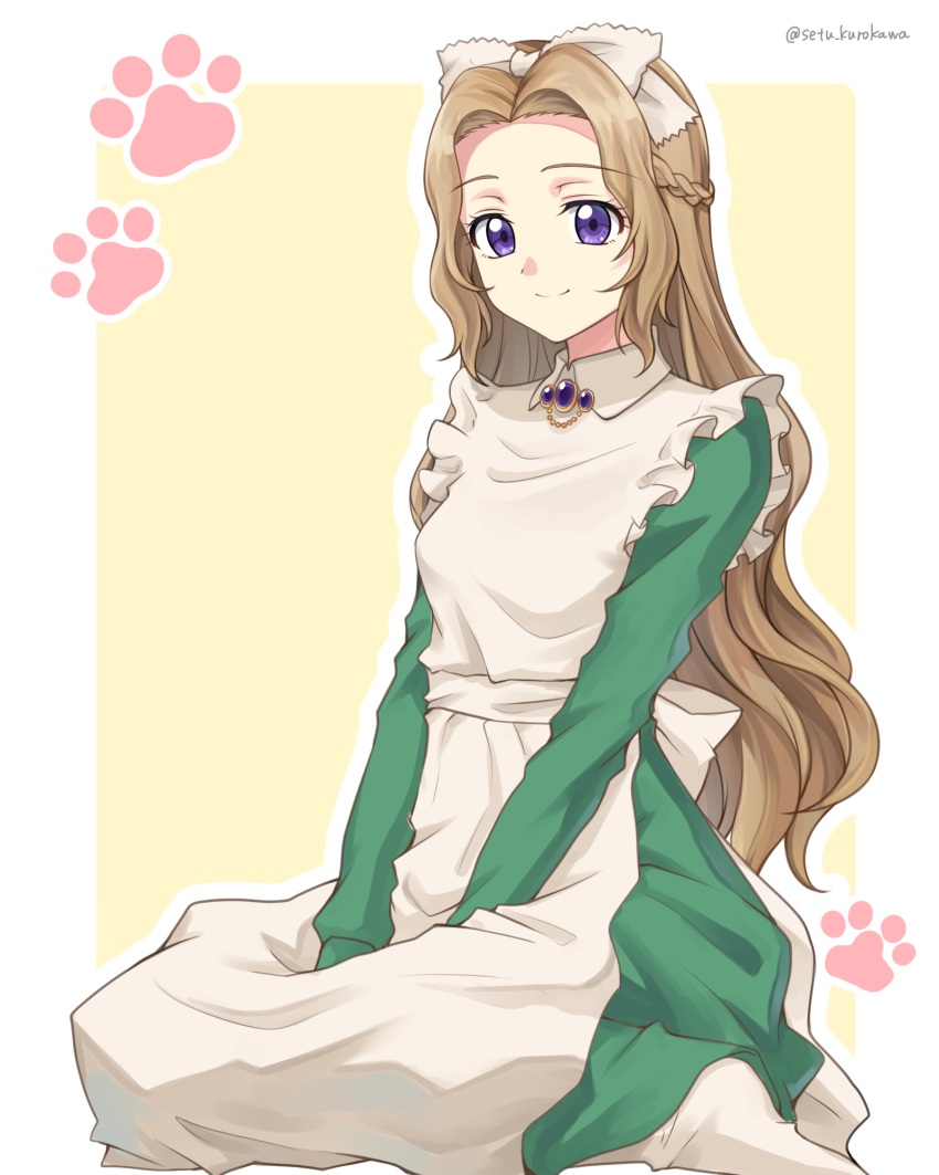 1girl, apron, between_legs, bow, braid, brown_hair, closed_mouth, code_geass