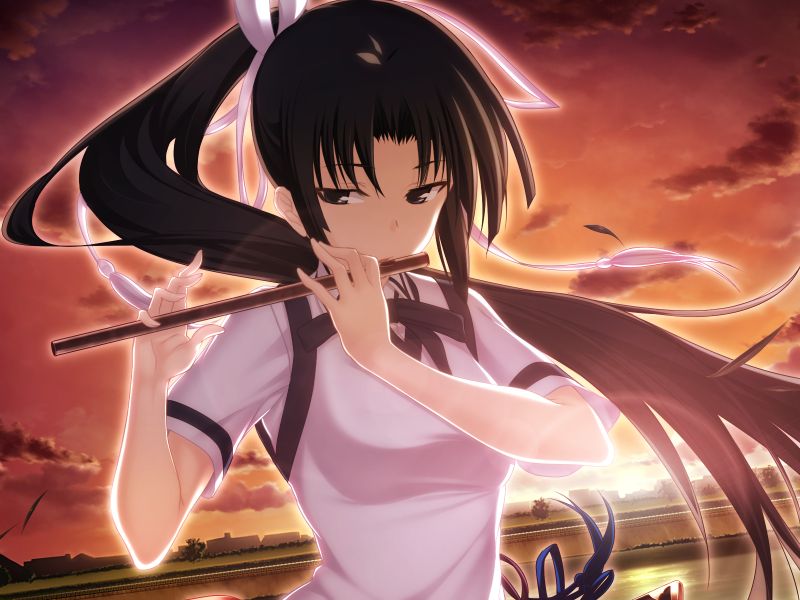 1girl, black_eyes, black_hair, black_ribbon, dusk, floating_hair, flute, game_cg