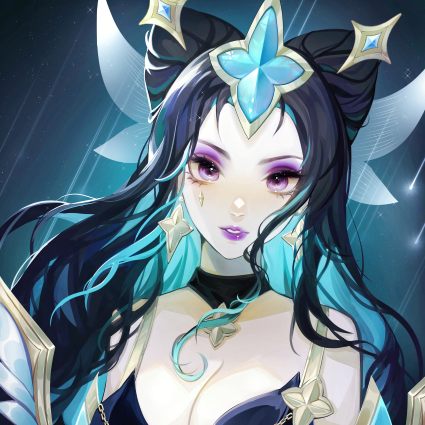 1girl, absurdres, bare_shoulders, black_hair, breasts, cleavage, cone_hair_bun, detached_collar