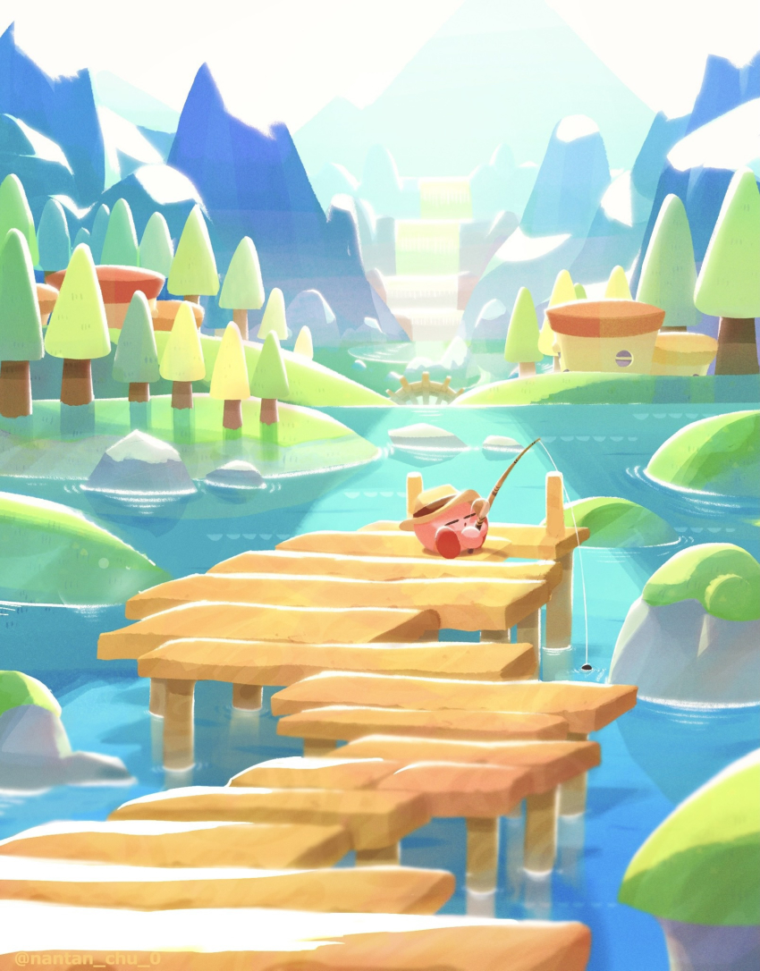 day, dock, fishing, fishing_rod, hat, highres, hill, holding, holding_fishing_rod, house, kirby, kirby_(series), lake, moss, mountain, nantan_chu_0, nintendo, no_humans, outdoors, sleeping, stone, water, waterfall