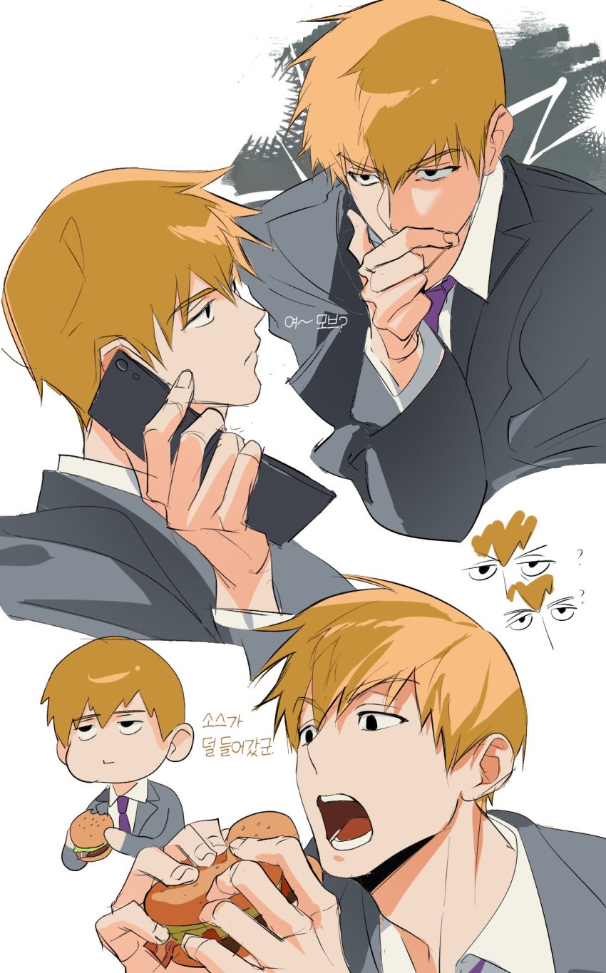 1boy, ?, black_eyes, blonde_hair, burger, cellphone, closed_mouth, collared_shirt, covered_mouth, eating, finger_to_mouth, flip_phone, food, formal_clothes, grey_jacket, hair_between_eyes, half-closed_eyes, highres, holding, holding_food, holding_phone, jacket, korean_text, long_sleeves, male_focus, mob_psycho_100, multiple_views, necktie, open_mouth, phone, purple_necktie, qs_g_g, reigen_arataka, shirt, short_hair, simple_background, suit, suit_jacket, translation_request, white_background, white_shirt