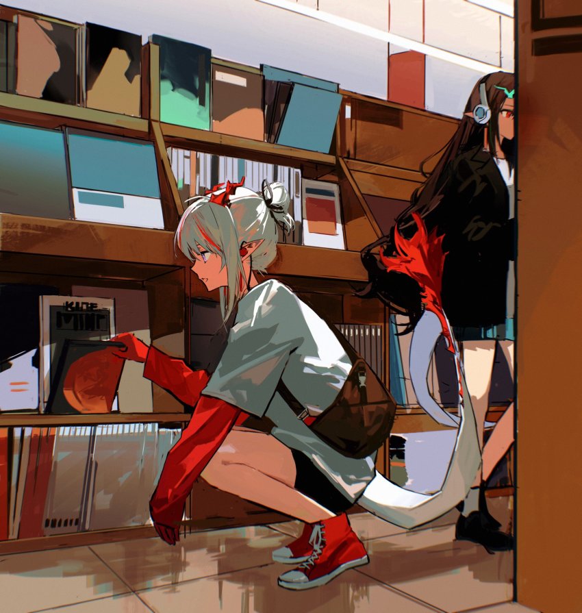 2girls, alternate_costume, alternate_hairstyle, aqua_horns, arknights, bag, black_footwear, black_jacket