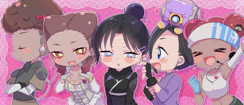 >_<, 5girls, :o, animification, apex_legends, apex_legends_mobile, bangalore_(apex_legends), black_bodysuit