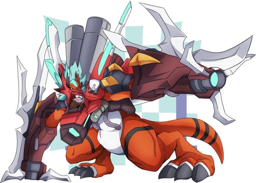 armor, blue_hair, claws, digimon, megalogrowmon, megalogrowmon_x-antibody, solo, tail
