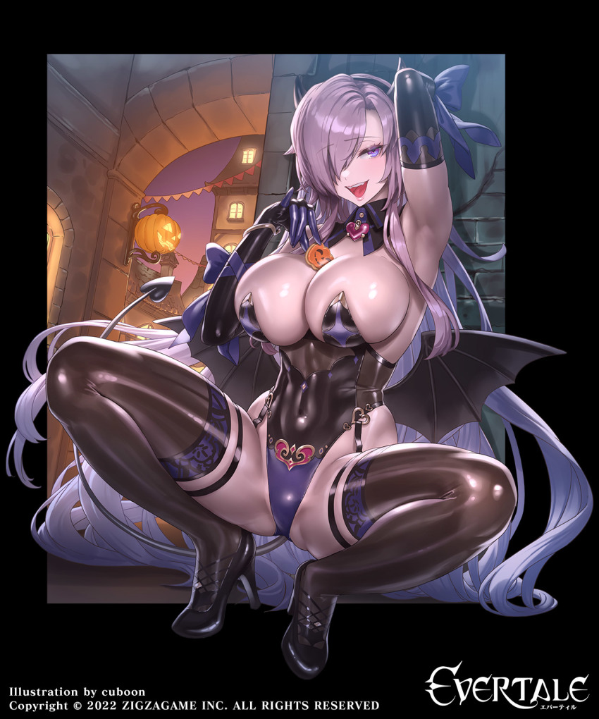 1girl, armpits, arms_up, artist_name, between_breasts, breasts, cleavage, commentary_request, company_connection, cookie, copyright_name, covered_navel, cuboon, demon_horns, demon_tail, demon_wings, detached_collar, elbow_gloves, evertale, fake_horns, fake_tail, fake_wings, food, full_body, garter_straps, gloves, hair_ornament, hair_over_one_eye, halloween_costume, high_heels, highleg, highleg_leotard, highres, horns, jack-o'-lantern, large_breasts, leotard, lips, logo, long_hair, looking_at_viewer, low_wings, official_art, open_mouth, ossia_(evertale), purple_eyes, purple_hair, ribbon, shiny_clothes, shiny_skin, simple_background, smile, squatting, tail, teeth, thighhighs, thighs, upper_teeth_only, wings