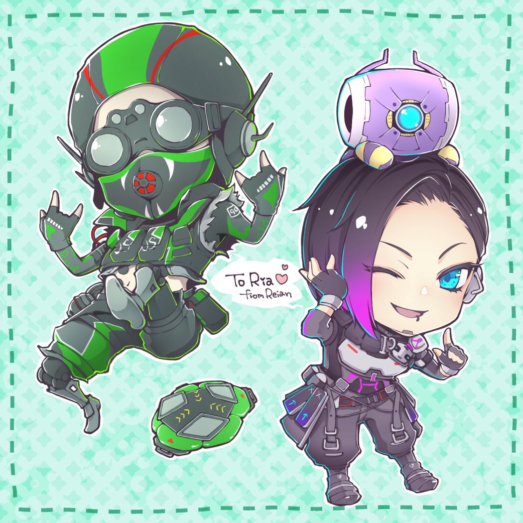 1boy, 1girl, \m/, animification, apex_legends, apex_legends_mobile, armor, artist_name