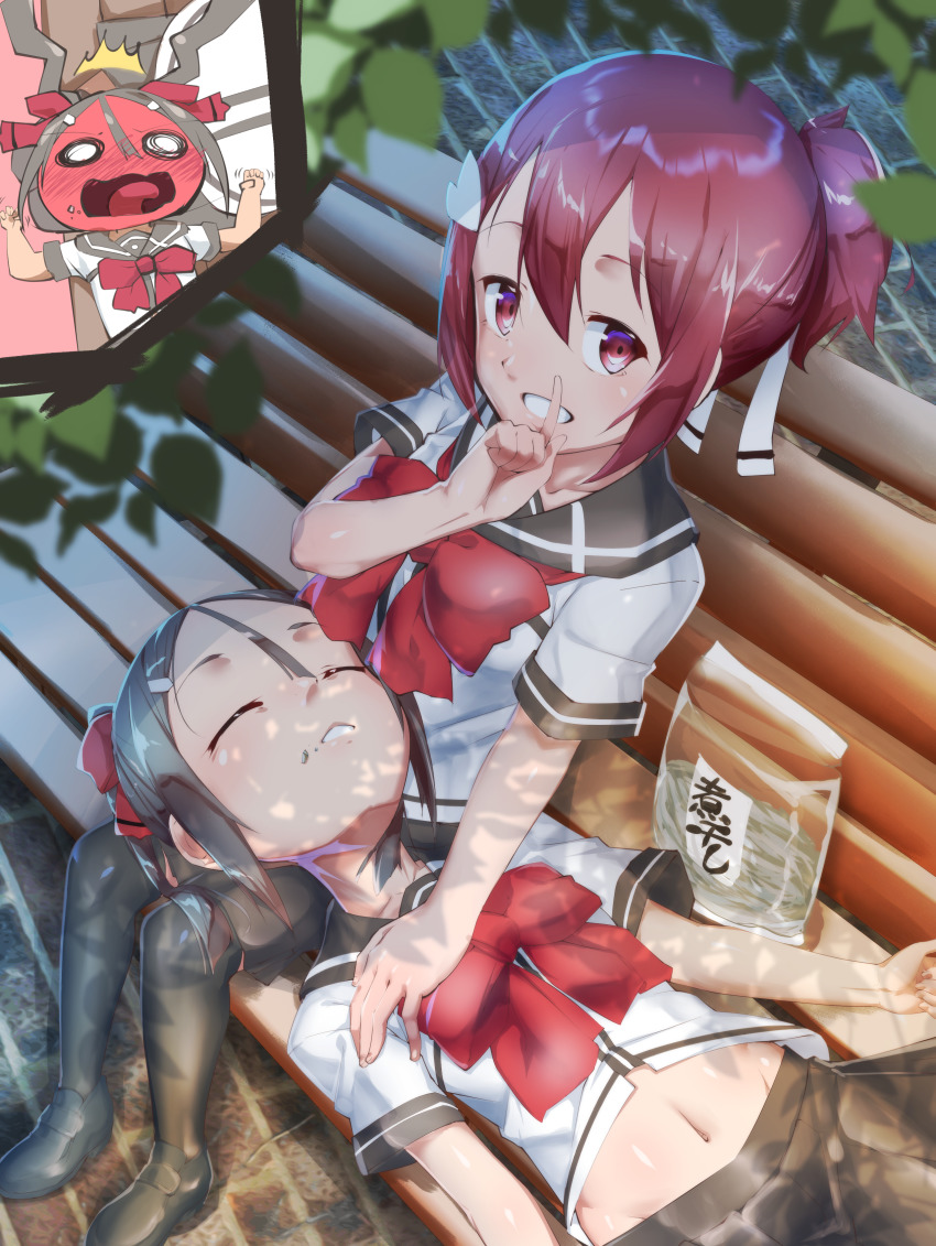 2girls, absurdres, bench, blush, bow, brown_hair, closed_eyes, hair_between_eyes, hair_ornament, hair_ribbon, hairclip, highres, lap_pillow, looking_at_viewer, lying_on_lap, masabou, midriff, miyoshi_karin, multiple_girls, navel, open_mouth, ponytail, red_eyes, red_hair, ribbon, sanshuu_middle_school_uniform, school_uniform, short_hair, short_sleeves, sitting, skirt, sleeping, smile, thighhighs, twintails, yuri, yuuki_yuuna, yuuki_yuuna_wa_yuusha_de_aru, yuusha_de_aru