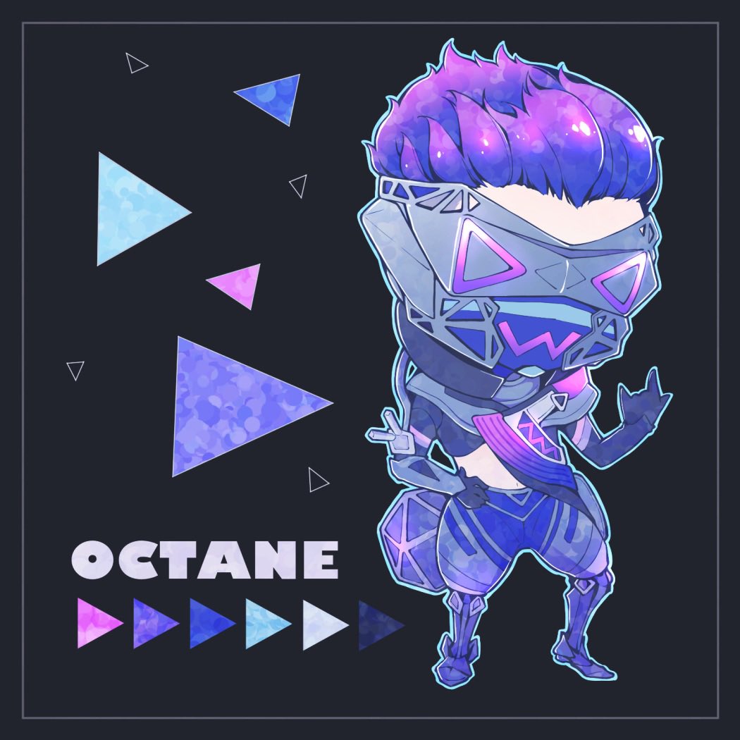 >_<, 1boy, \m/, animification, apex_legends, apex_legends_mobile, black_background, black_gloves, black_jacket, cable, character_name, clothing_cutout, fast_fashion_octane_(mobile), gloves, hand_on_own_hip, jacket, laser_tag_octane, male_focus, mask, mechanical_legs, mouth_mask, octane_(apex_legends), official_alternate_costume, purple_hair, purple_shorts, reian, shorts, solo, stomach_cutout