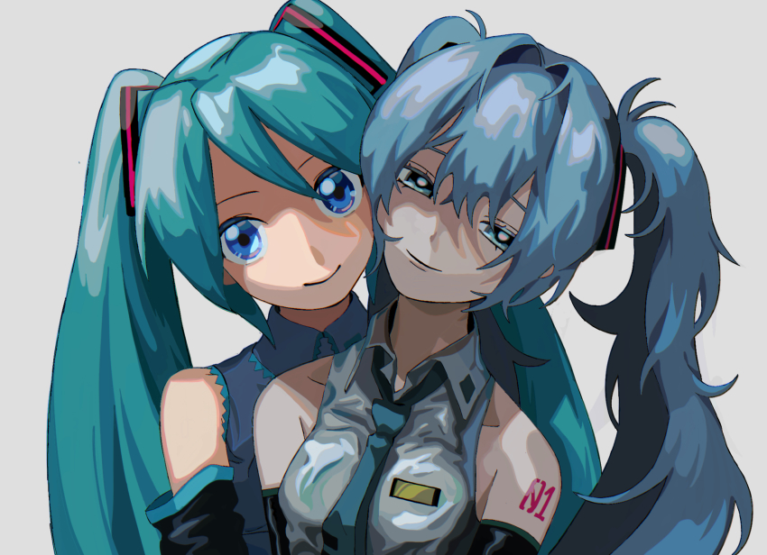 2girls, aqua_hair, arm_tattoo, blue_eyes, blue_hair, blue_necktie, blue_shirt, cheek-to-cheek, collarbone, collared_shirt, commentary, detached_sleeves, dual_persona, grey_shirt, hair_intakes, half-closed_eyes, hatsune_miku, heads_together, highres, long_hair, looking_at_viewer, multiple_girls, necktie, number_tattoo, portrait, shirt, simple_background, sleeveless, sleeveless_shirt, smile, takushi_(taxi739), tattoo, twintails, vocaloid, white_background