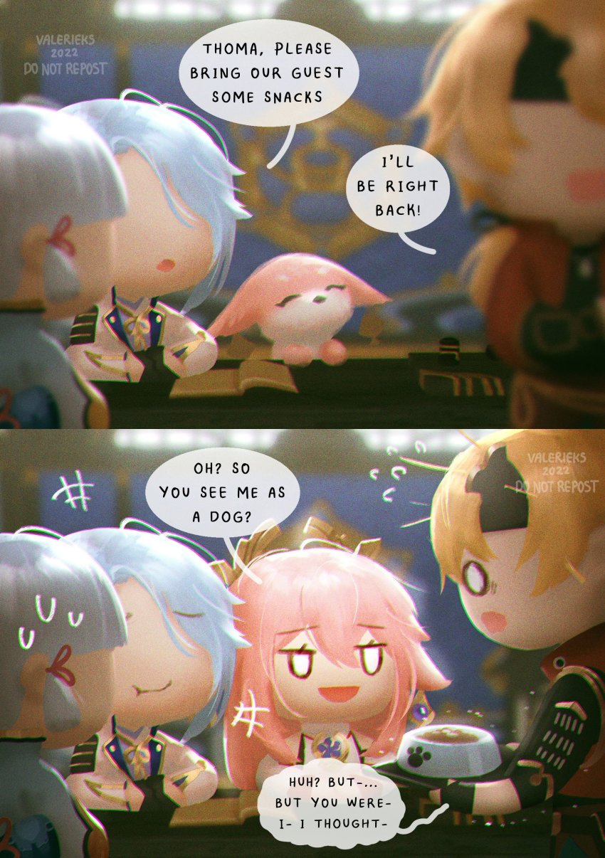 absurdres, animal_ears, ayaka_(genshin_impact), blue_eyes, blue_hair, brother_and_sister, earrings, english_text