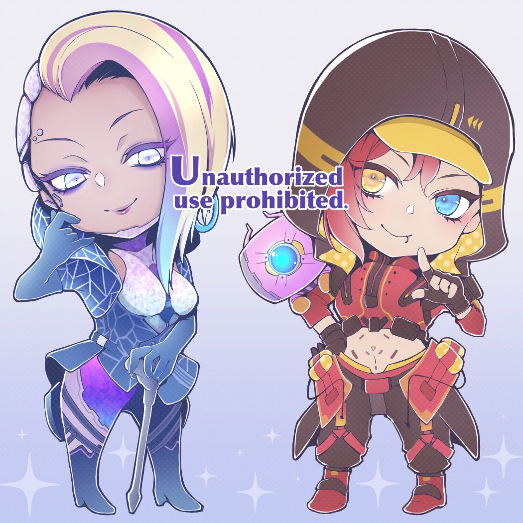 2girls, animification, apex_legends, apex_legends_mobile, asymmetrical_hair, blonde_hair, blue_corset, blue_eyes, blue_jacket, boots, breasts, chibi, corset, cyborg, english_text, eyeshadow, face_piercing, finger_gun, fingerless_gloves, gloves, grey_eyes, heterochromia, high_heel_boots, high_heels, holding, holding_staff, hood, hood_up, jacket, lip_piercing, loba_(apex_legends), makeup, medium_breasts, midriff, multicolored_hair, multiple_girls, navel, non-humanoid_robot, official_alternate_costume, one-eyed, pants, piercing, pink_hair, prima_danger_loba, purple_eyeshadow, purple_lips, purple_pants, red_hair, reian, relentless_rager_rhapsody, rhapsody_(apex_legends), robot, rowdy_(apex_legends), sidecut, smile, staff, streaked_hair, undercut, yellow_eyes