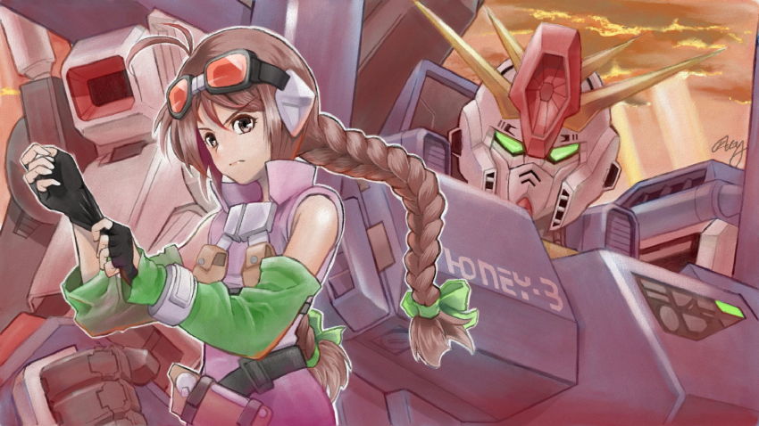 1girl, adjusting_clothes, adjusting_gloves, antenna_hair, black_gloves, braid, brown_eyes, brown_hair, commentary, detached_sleeves, fingerless_gloves, full_armor_zz_gundam, gloves, goggles, goggles_on_head, green_eyes, gundam, gundam_the_battle_master, gundam_zz, hanabusa_(xztr3448), highres, honey-b_(gundam), long_hair, mecha, mobile_suit, robot, serious, sidelocks, signature, sunset, upper_body, v-fin, zz_gundam