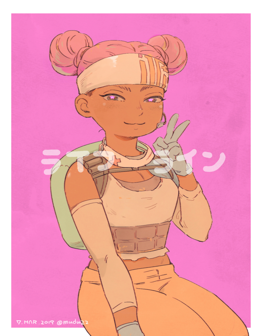 1girl, :3, animification, apex_legends, backpack, bag, black_eyes, black_gloves, border, breasts, brown_pants, brown_tank_top, character_name, cleavage, dark-skinned_female, dark_skin, dated, detached_sleeves, double_bun, gloves, hair_bun, half-closed_eyes, headband, headset, highres, lifeline_(apex_legends), mask, mask_around_neck, mouth_mask, mudu, pants, pink_background, pink_hair, smile, solo, star_(symbol), star_in_eye, surgical_mask, symbol_in_eye, tank_top, translated, twitter_username, v, white_border, white_headband, yoga_pants