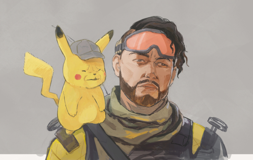 1boy, apex_legends, baseball_cap, black_hair, brown_eyes, brown_headwear, crossover, detective_pikachu_(character)