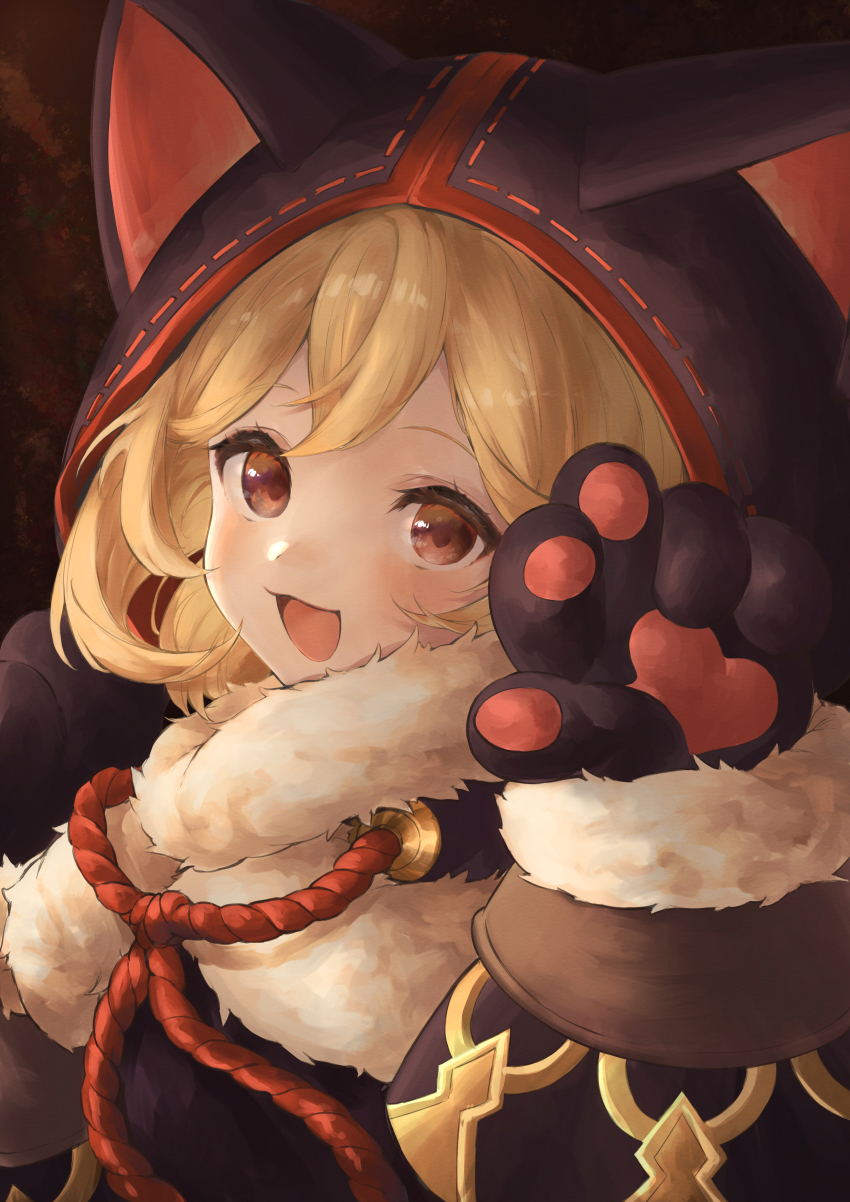 1girl, absurdres, animal_ears, animal_hands, animal_hood, blonde_hair, blush, brown_eyes