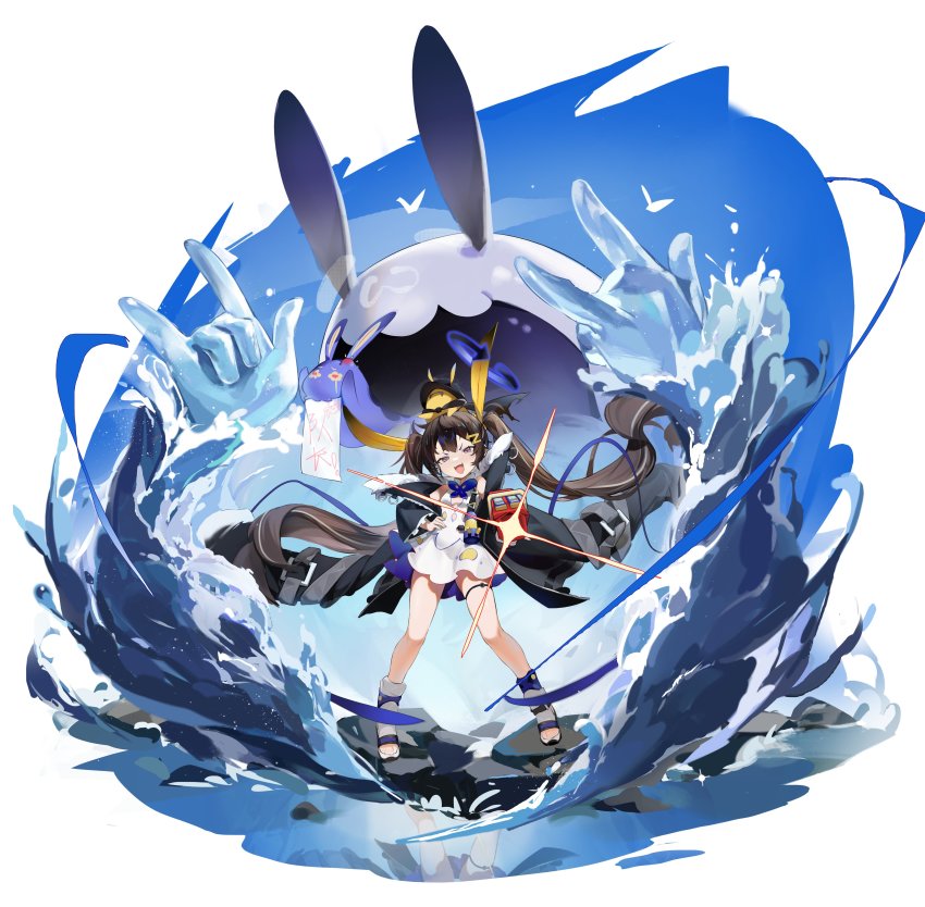 1girl, absurdres, aiming, aiming_at_viewer, alchemy_stars, black_coat, black_hair, breasts