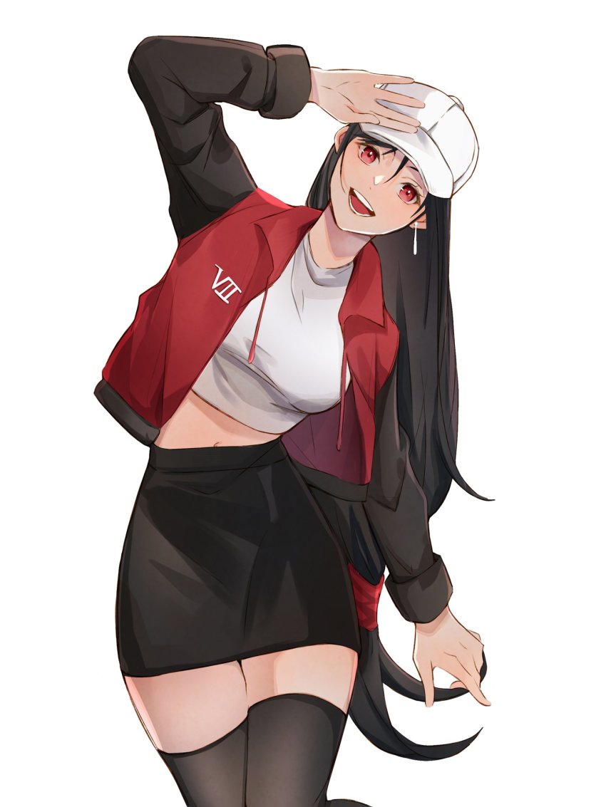 1girl, baseball_cap, black_hair, black_skirt, black_thighhighs, breasts, cowboy_shot, crop_top