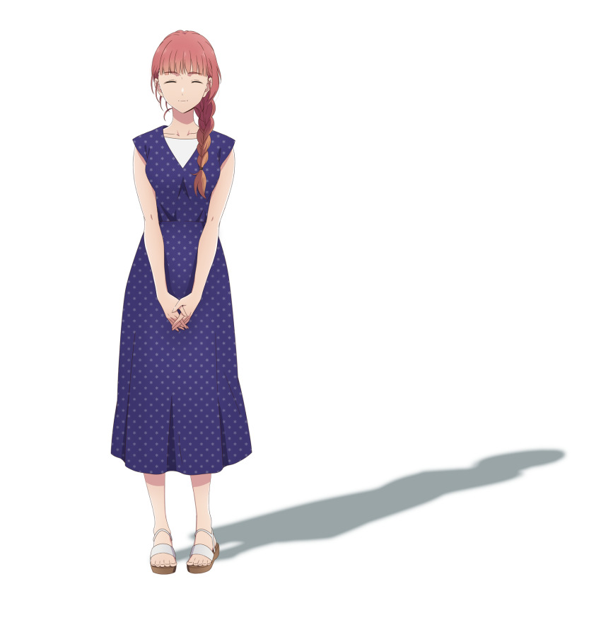 1girl, blue_dress, braid, braided_ponytail, breasts, closed_eyes, dress, flip-flops