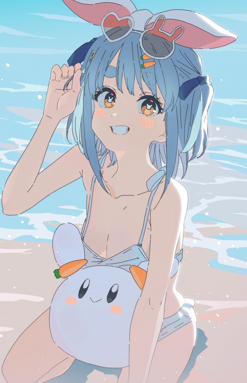 1girl, absurdres, beach, bikini, blue_hair, blue_ribbon, blush, breasts