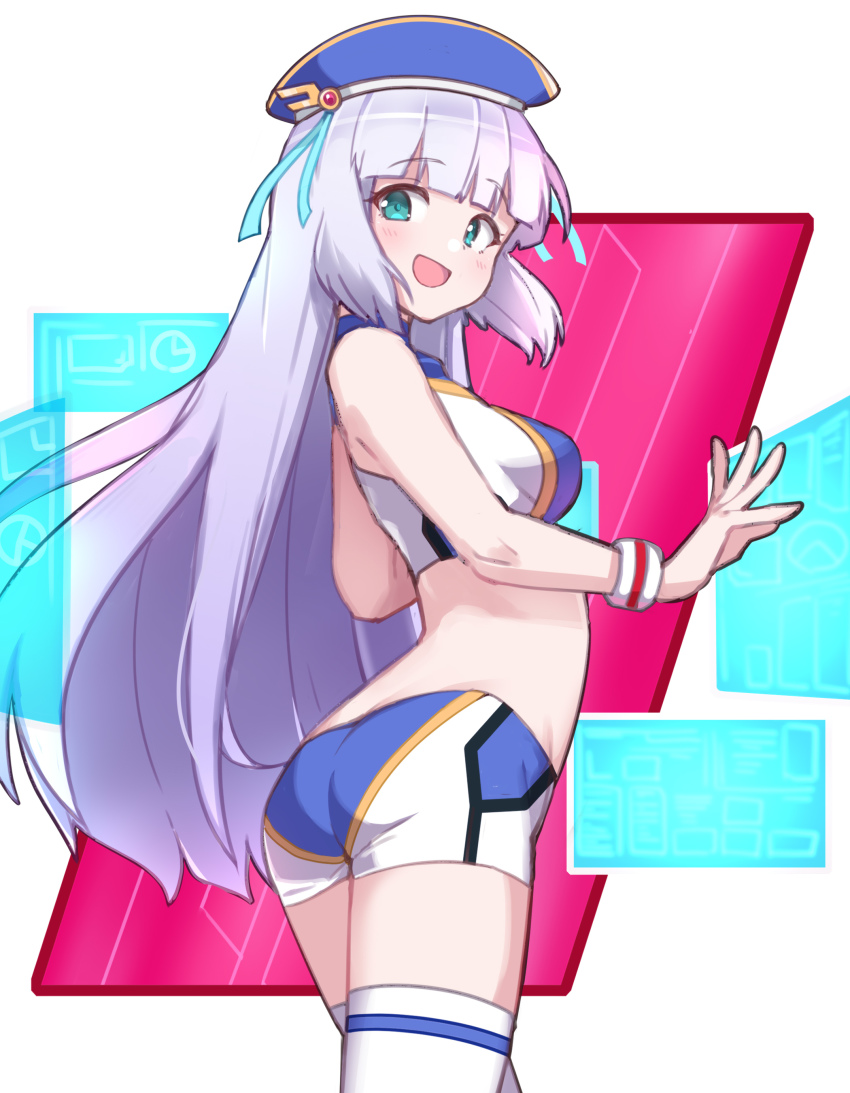 1girl, absurdres, ass, azu_ankoowl, blue_hat, blunt_bangs, breasts, cowboy_shot