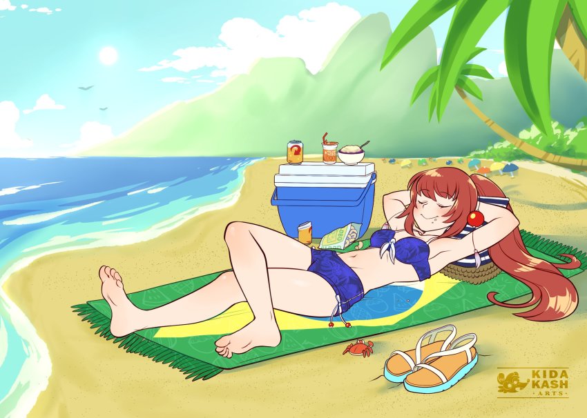 1girl, alcohol, arms_behind_head, beach, beach_towel, beer, bikini, blue_bikini