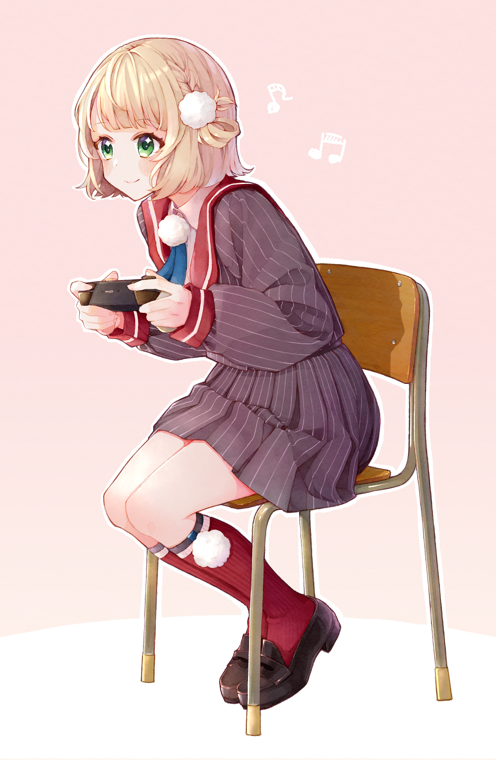 1girl, black_shoes, blonde_hair, blue_ribbon, blush_stickers, braid, chair, collared_shirt