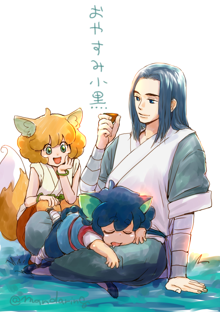 1girl, 2boys, animal_ears, artist_name, black_hair, blue_eyes, cat_boy, cat_ears, child, closed_eyes, fox_ears, fox_girl, fox_tail, grass, green_eyes, highres, holding, luo_xiaohei, mandaringo, multiple_boys, orange_hair, ruoshui_(the_legend_of_luo_xiaohei), short_hair, short_sleeves, sleeping, tail, luo_xiaohei_zhanji, white_background, wuxian_(the_legend_of_luo_xiaohei)