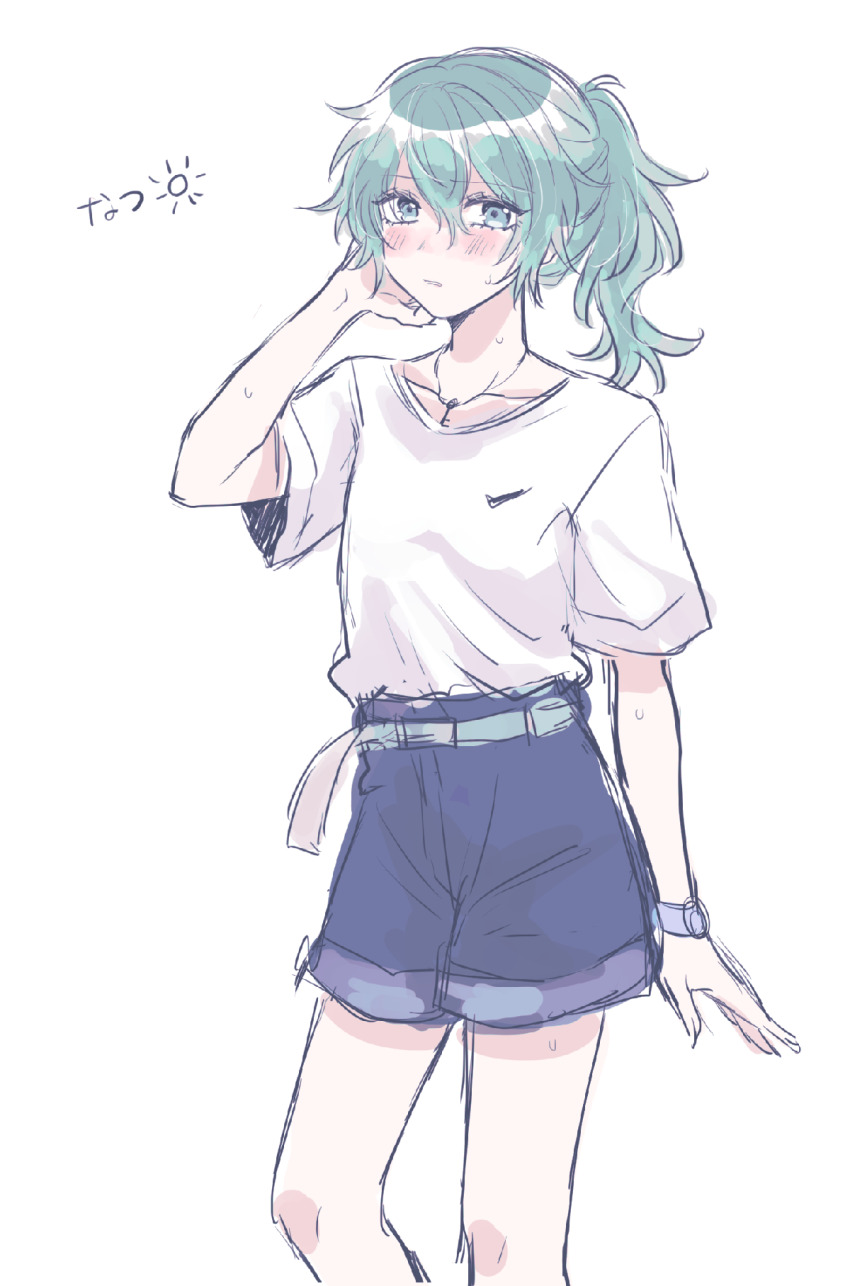 1girl, aqua_belt, aqua_eyes, aqua_hair, arm_at_side, belt, blue_shorts, blush