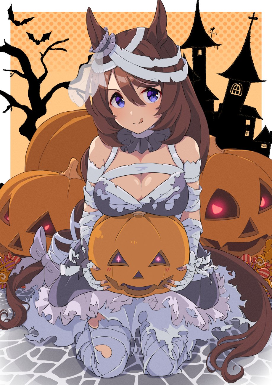1girl, :d, animal_ears, bandaged_arm, bandaged_leg, bandages, bat_(animal), breasts, brown_hair, cleavage, hair_between_eyes, highres, horse_ears, horse_girl, jack-o'-lantern, large_breasts, long_hair, looking_at_viewer, official_alternate_costume, open_mouth, pumpkin, purple_eyes, seiza, shiromaru_illust, sitting, smile, solo, super_creek_(chiffon-wrapped_mummy)_(umamusume), super_creek_(umamusume), umamusume, very_long_hair
