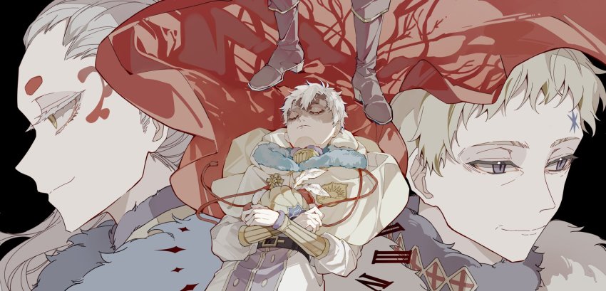 3boys, black_clover, blonde_hair, elf, facial_mark, fur_trim, golden_dawn_(emblem), group_picture