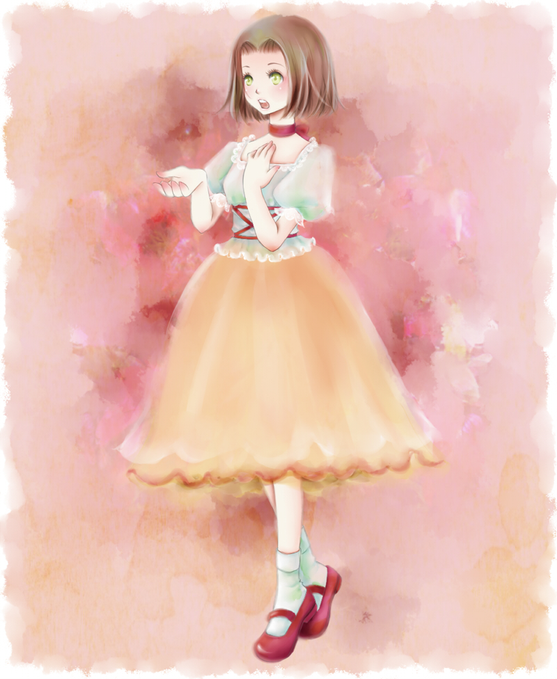 1girl, annallee, brown_hair, choker, dress, female_focus, full_body, gensou_suikoden, gensou_suikoden_ii, gradient_background, green_eyes, open_mouth, pocopupu, shoes, short_hair, socks, solo