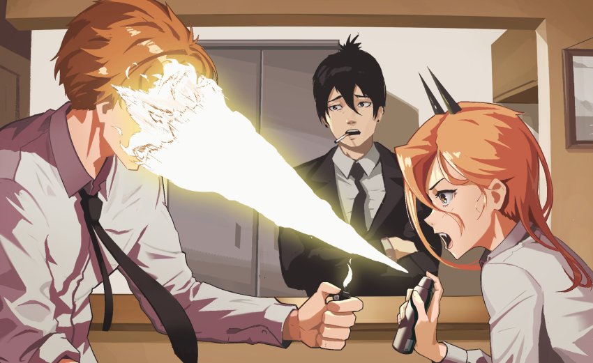 1girl, 2boys, aerosol, black_eyes, black_hair, black_horns, black_jacket, black_necktie, chainsaw_man, cigarette, collared_shirt, crossed_arms, demon_girl, denji_(chainsaw_man), door, earrings, fangs, fire, formal_clothes, from_side, hair_between_eyes, hand_up, hayakawa_aki, highres, holding, holding_lighter, horns, indoors, jacket, jewelry, lem, lighter, long_hair, long_sleeves, looking_at_another, matching_hair/eyes, mouth_hold, multiple_boys, necktie, open_mouth, orange_eyes, orange_hair, picture_frame, power_(chainsaw_man), profile, shirt, short_hair, sidelocks, smoking, standing, stud_earrings, suit, teeth, topknot, upper_body, white_shirt
