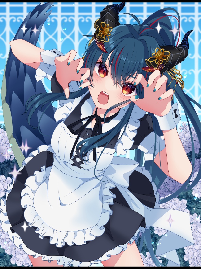 1girl, 2022, absurdres, apron, black_dress, blue_hair, blue_nails, claw_pose