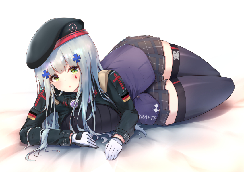 1girl, :o, absurdres, aratake, beret, black_thighhighs, blue_hair, blush